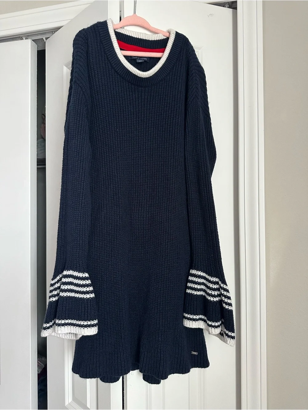 S (7/8)Girls-Tommy Hilfiger Navy Knit Bell-Sleeve Sweater Dress with White Trim